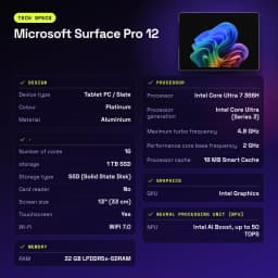 Microsoft Surface Pro 12 32GB/1TB 13 pulgadas OLED 120Hz Intel Core Ultra 7 366H WiFi 7 Platino - 209 x 287 x 9,3 mm