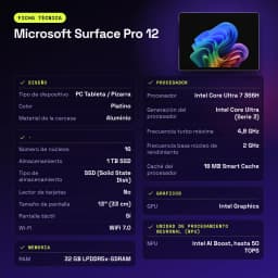Microsoft Surface Pro 12 32GB/1TB 13 pulgadas OLED 120Hz Intel Core Ultra 7 366H WiFi 7 Platino - características, 53 Wh