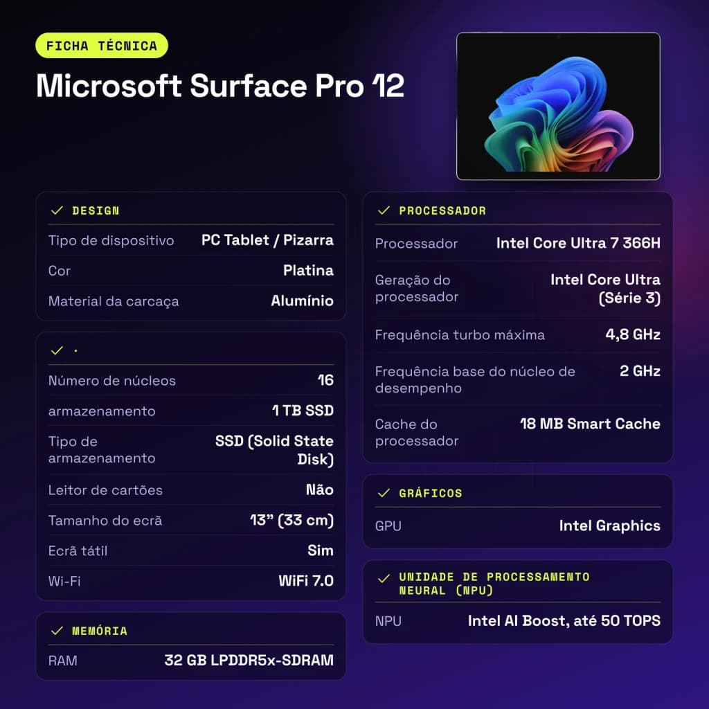 Microsoft Surface Pro 12 32GB/1TB 13 pulgadas OLED 120Hz Intel Core Ultra 7 366H WiFi 7 Platino - características
