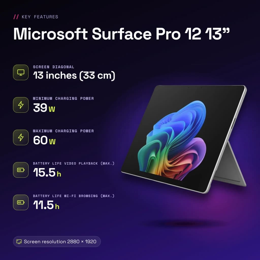 Microsoft Surface Pro 12 13 pulgadas 32GB/256GB PixelSense Flow 120Hz Snapdragon X Plus WiFi 7 Platino - 600 cd/m²