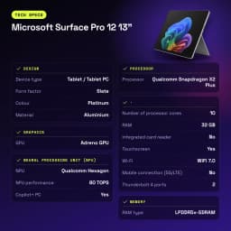 Microsoft Surface Pro 12 13 pulgadas 32GB/256GB PixelSense Flow 120Hz Snapdragon X Plus WiFi 7 Platino - 209 mm