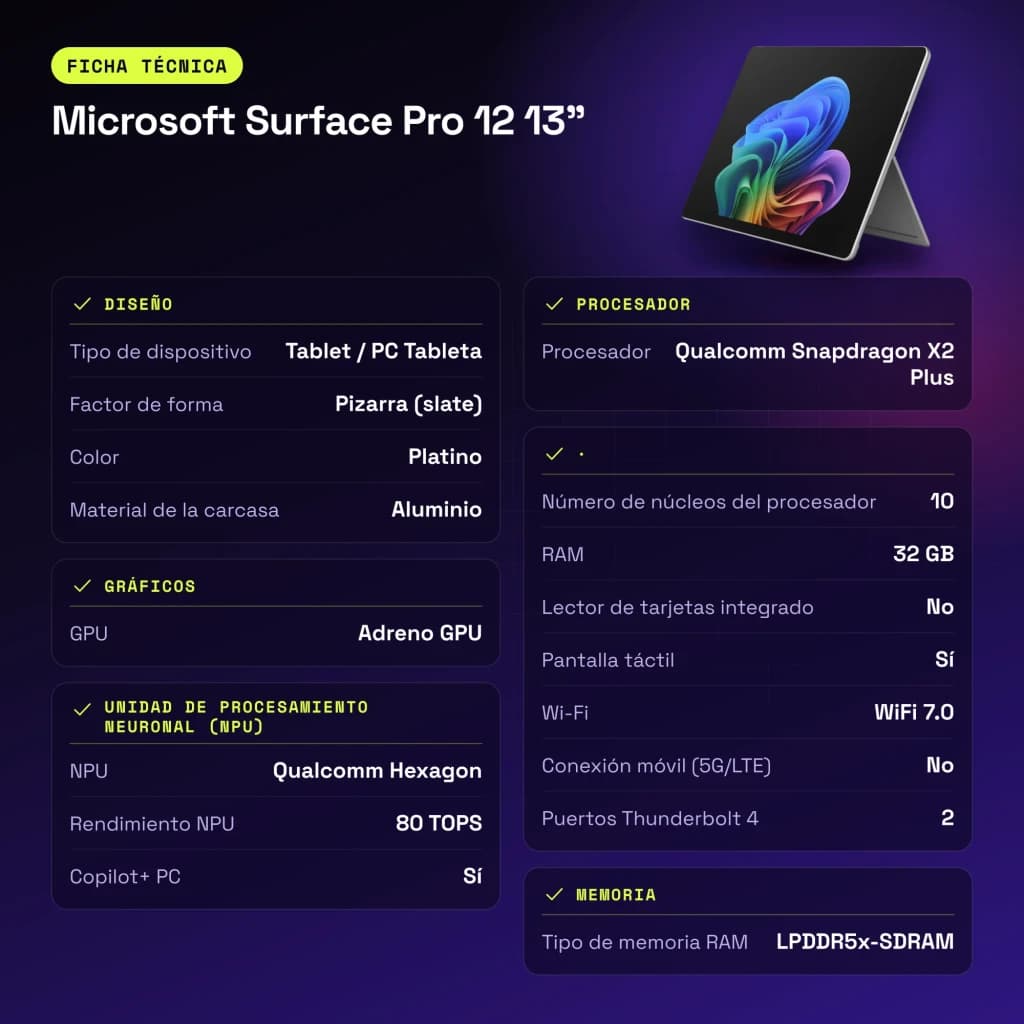 Microsoft Surface Pro 12 13 pulgadas 32GB/256GB PixelSense Flow 120Hz Snapdragon X Plus WiFi 7 Platino - 47 Wh