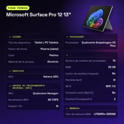 Microsoft Surface Pro 12 13 pulgadas 32GB/256GB PixelSense Flow 120Hz Snapdragon X Plus WiFi 7 Platino - 47 Wh
