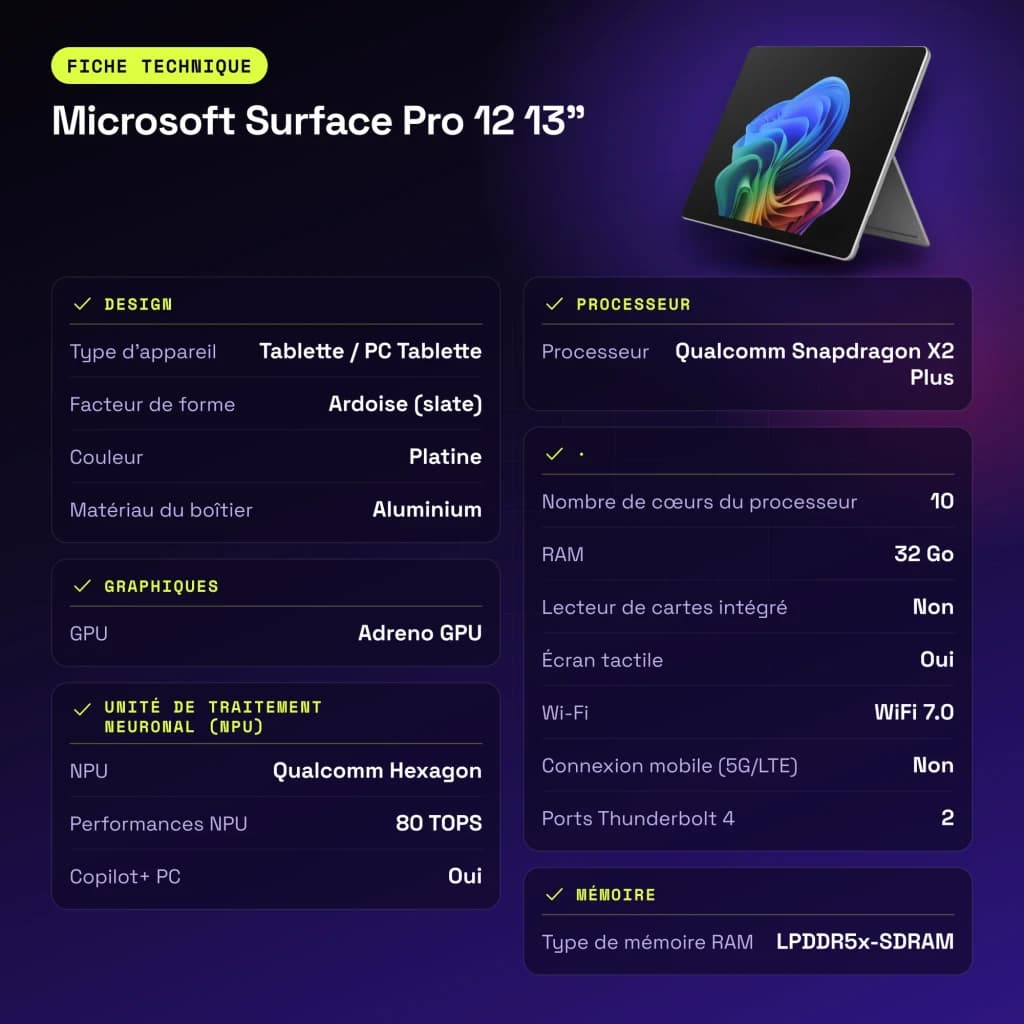 Microsoft Surface Pro 12 13 pulgadas 32GB/256GB PixelSense Flow 120Hz Snapdragon X Plus WiFi 7 Platino - 287 mm