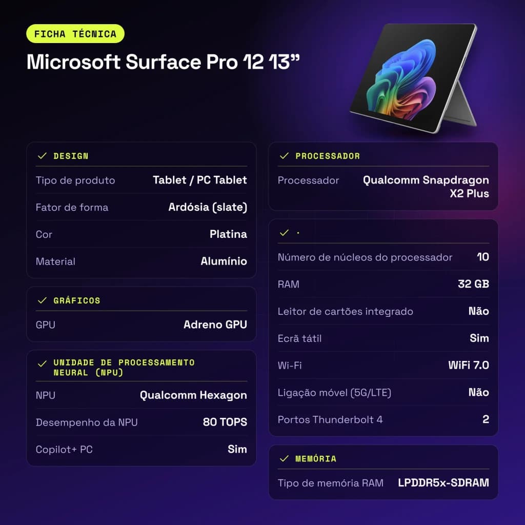 Microsoft Surface Pro 12 13 pulgadas 32GB/256GB PixelSense Flow 120Hz Snapdragon X Plus WiFi 7 Platino - 9,3 mm