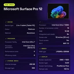 Microsoft Surface Pro 12 16GB/256GB 13 pulgadas OLED 120Hz Intel Core Ultra 7 366H 17h Platino - características, 1,6 GHz