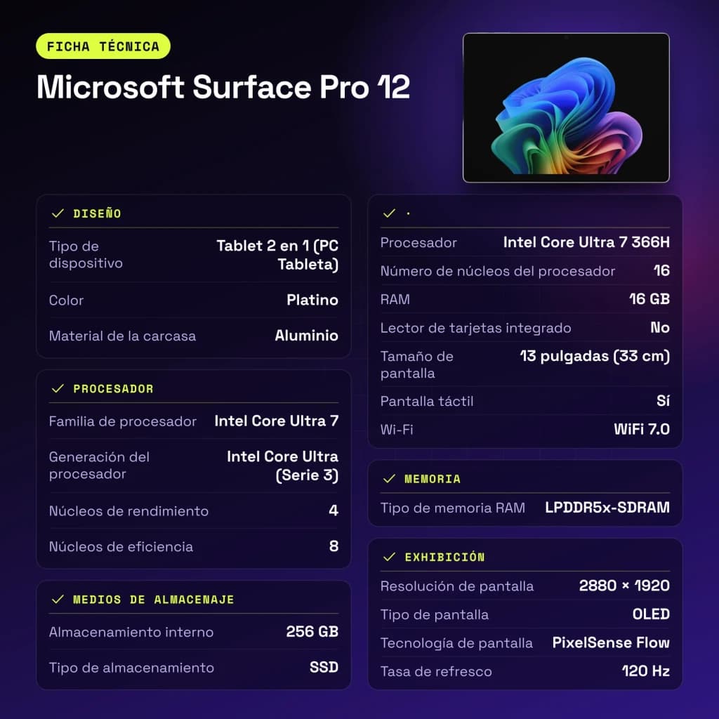 Microsoft Surface Pro 12 16GB/256GB 13 pulgadas OLED 120Hz Intel Core Ultra 7 366H 17h Platino - características, 3,4 GHz