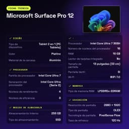 Microsoft Surface Pro 12 16GB/256GB 13 pulgadas OLED 120Hz Intel Core Ultra 7 366H 17h Platino - características, 3,4 GHz