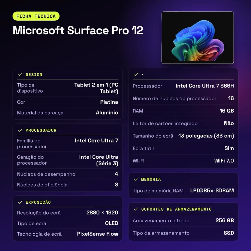 Microsoft Surface Pro 12 16GB/256GB 13 pulgadas OLED 120Hz Intel Core Ultra 7 366H 17h Platino - características, 256 GB