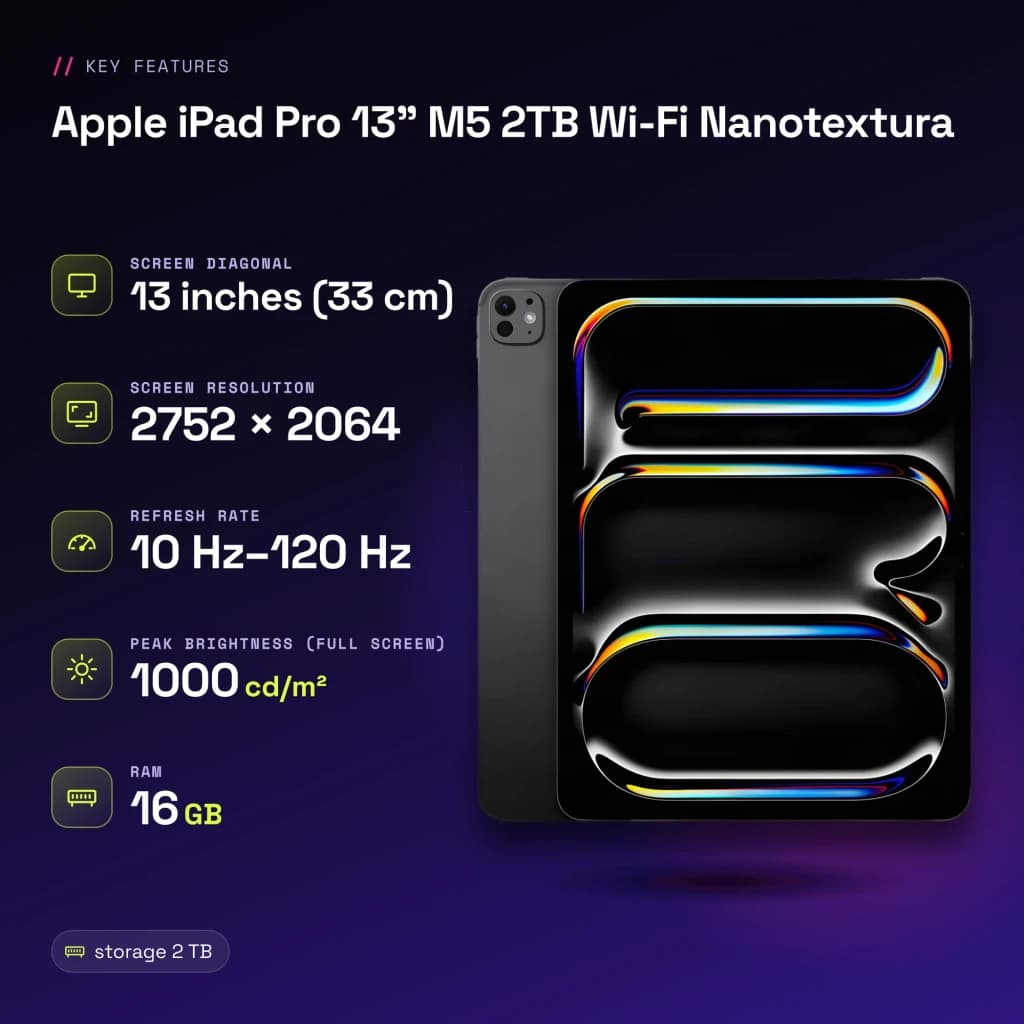 Apple iPad Pro 13 pouces M5 2To Wi-Fi Nanotexture Noir OLED 120Hz ProMotion - caractéristiques, 2 TB