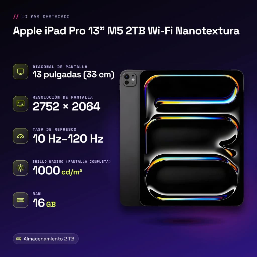 Apple iPad Pro 13 pouces M5 2To Wi-Fi Nanotexture Noir OLED 120Hz ProMotion - caractéristiques