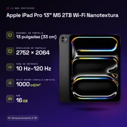Apple iPad Pro 13 pouces M5 2To Wi-Fi Nanotexture Noir OLED 120Hz ProMotion - caractéristiques