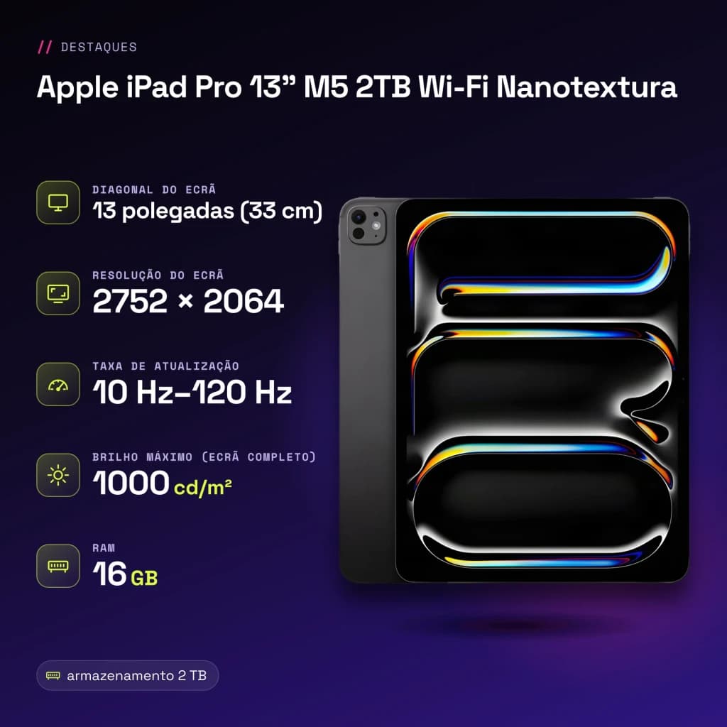 Apple iPad Pro 13 pouces M5 2To Wi-Fi Nanotexture Noir OLED 120Hz ProMotion - caractéristiques, WiFi 7.0