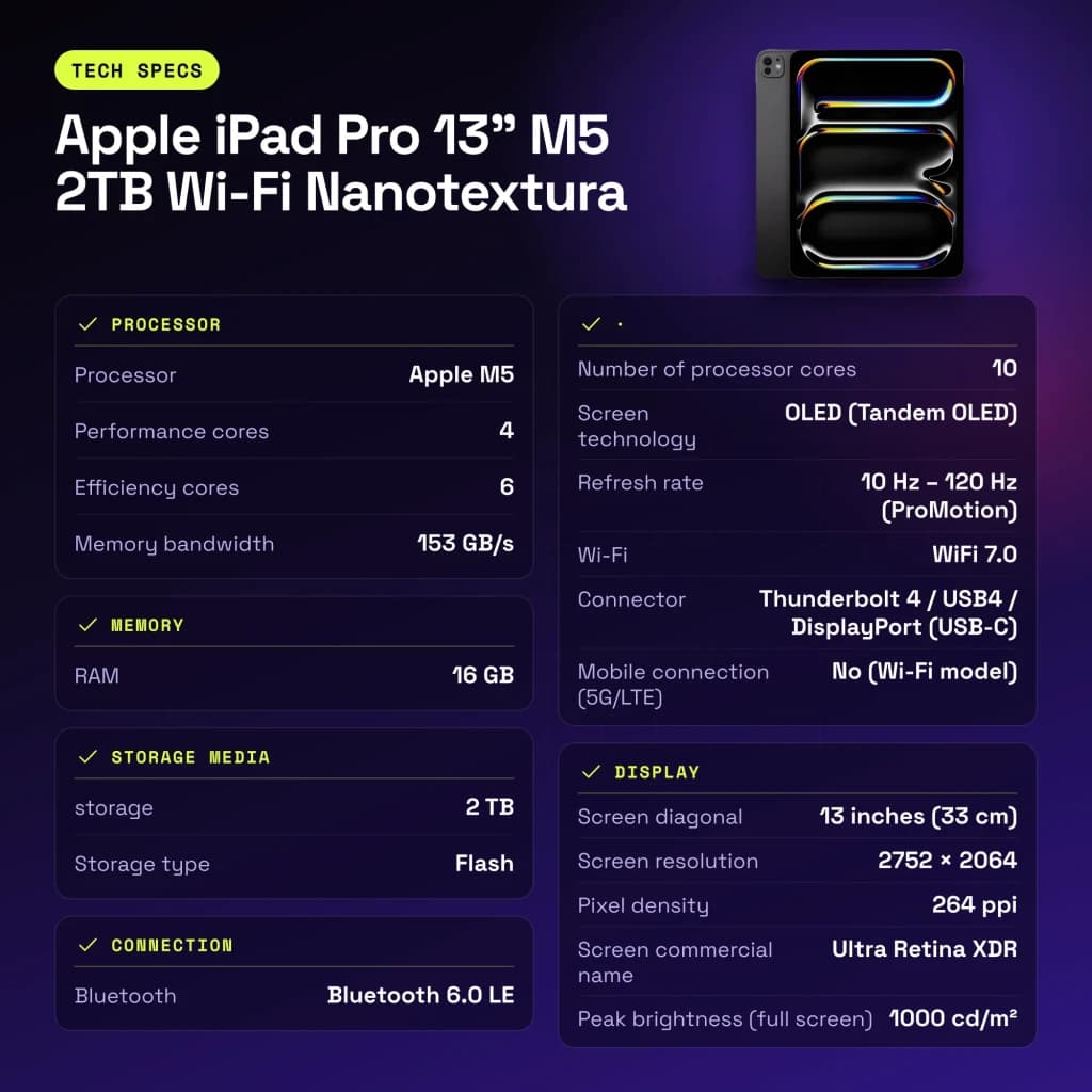 Apple iPad Pro 13 pouces M5 2To Wi-Fi Nanotexture Noir OLED 120Hz ProMotion - caractéristiques, 1080p a 240 fps