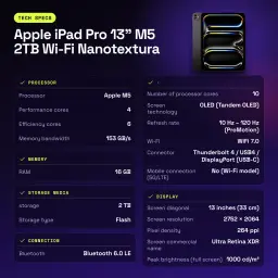 Apple iPad Pro 13 pouces M5 2To Wi-Fi Nanotexture Noir OLED 120Hz ProMotion - caractéristiques, 1080p a 240 fps
