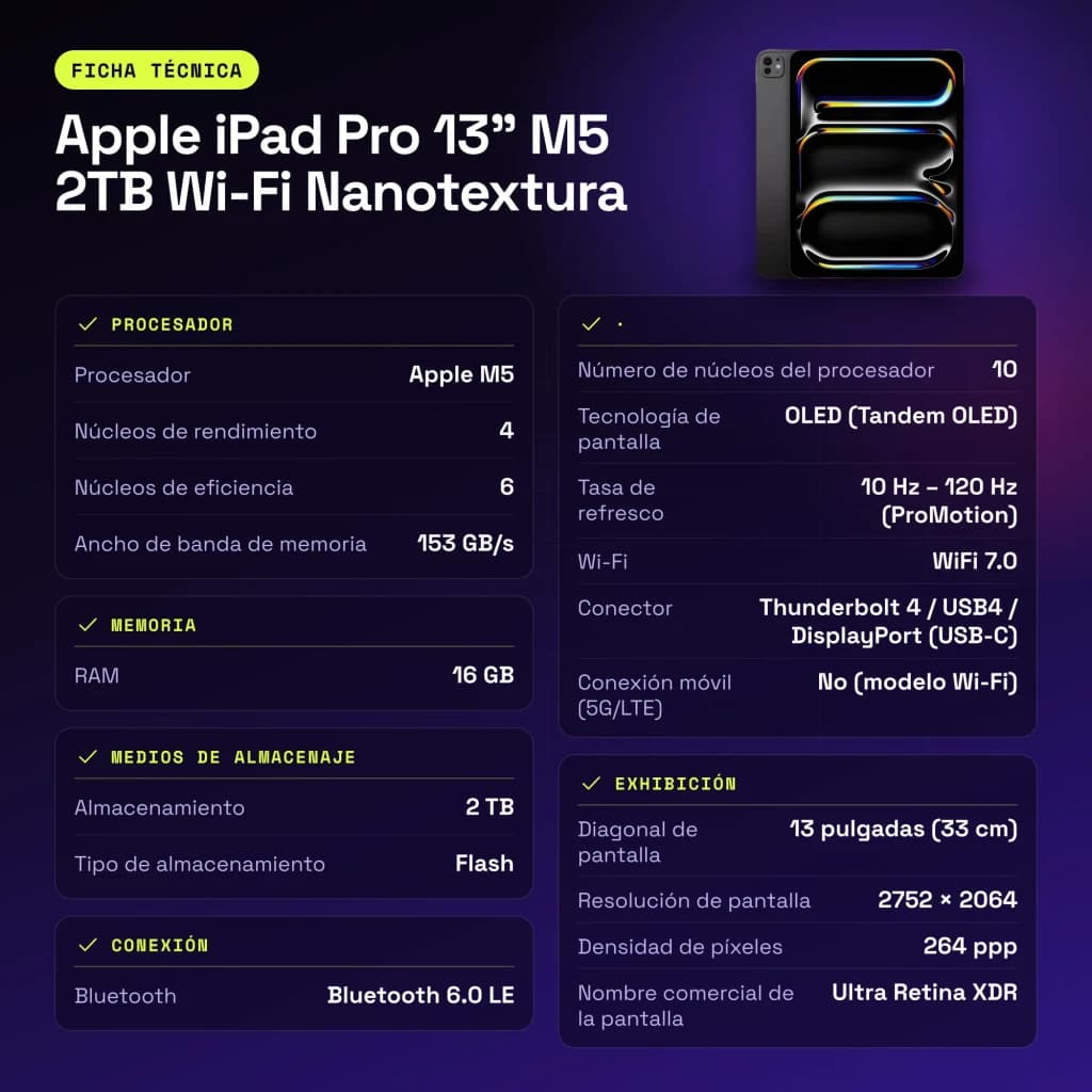 Apple iPad Pro 13 pouces M5 2To Wi-Fi Nanotexture Noir OLED 120Hz ProMotion - caractéristiques, Bluetooth 6.0 LE