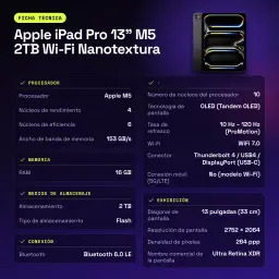 Apple iPad Pro 13 pouces M5 2To Wi-Fi Nanotexture Noir OLED 120Hz ProMotion - caractéristiques, Bluetooth 6.0 LE