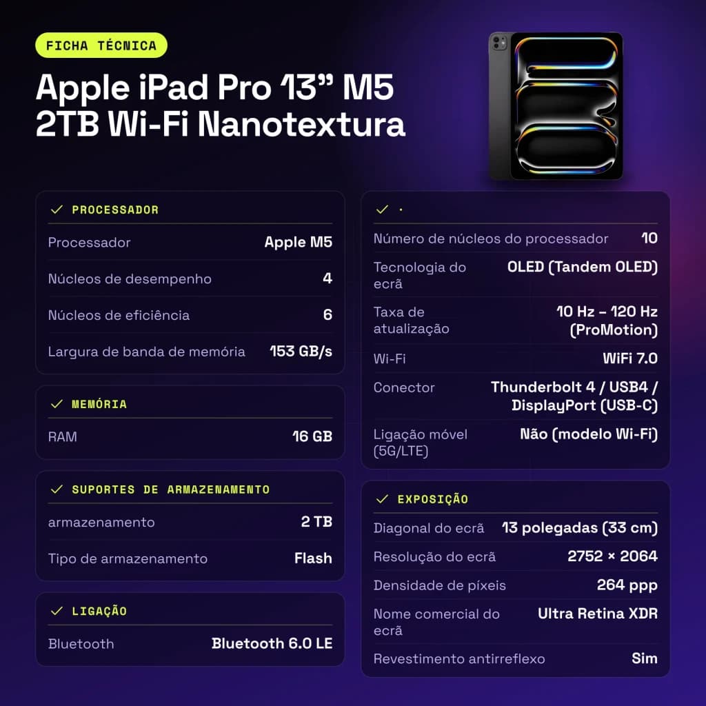 Apple iPad Pro 13 pouces M5 2To Wi-Fi Nanotexture Noir OLED 120Hz ProMotion - caractéristiques, IP42