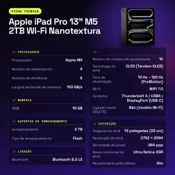 Apple iPad Pro 13 pouces M5 2To Wi-Fi Nanotexture Noir OLED 120Hz ProMotion - caractéristiques, IP42