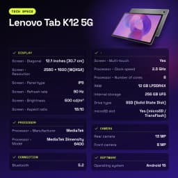 Lenovo Tab K12 5G 12Go/256Go Gris 12,1 pouces IPS 90Hz Dimensity 6400 10200mAh - caractéristiques, 8 MP