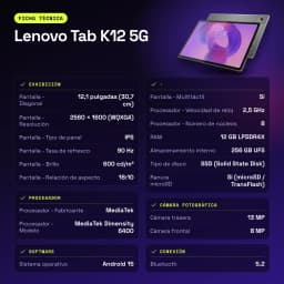 Lenovo Tab K12 5G 12Go/256Go Gris 12,1 pouces IPS 90Hz Dimensity 6400 10200mAh - caractéristiques, 13 MP