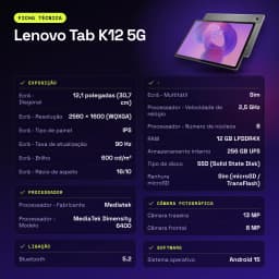 Lenovo Tab K12 5G 12Go/256Go Gris 12,1 pouces IPS 90Hz Dimensity 6400 10200mAh - caractéristiques, USB-C 2.0