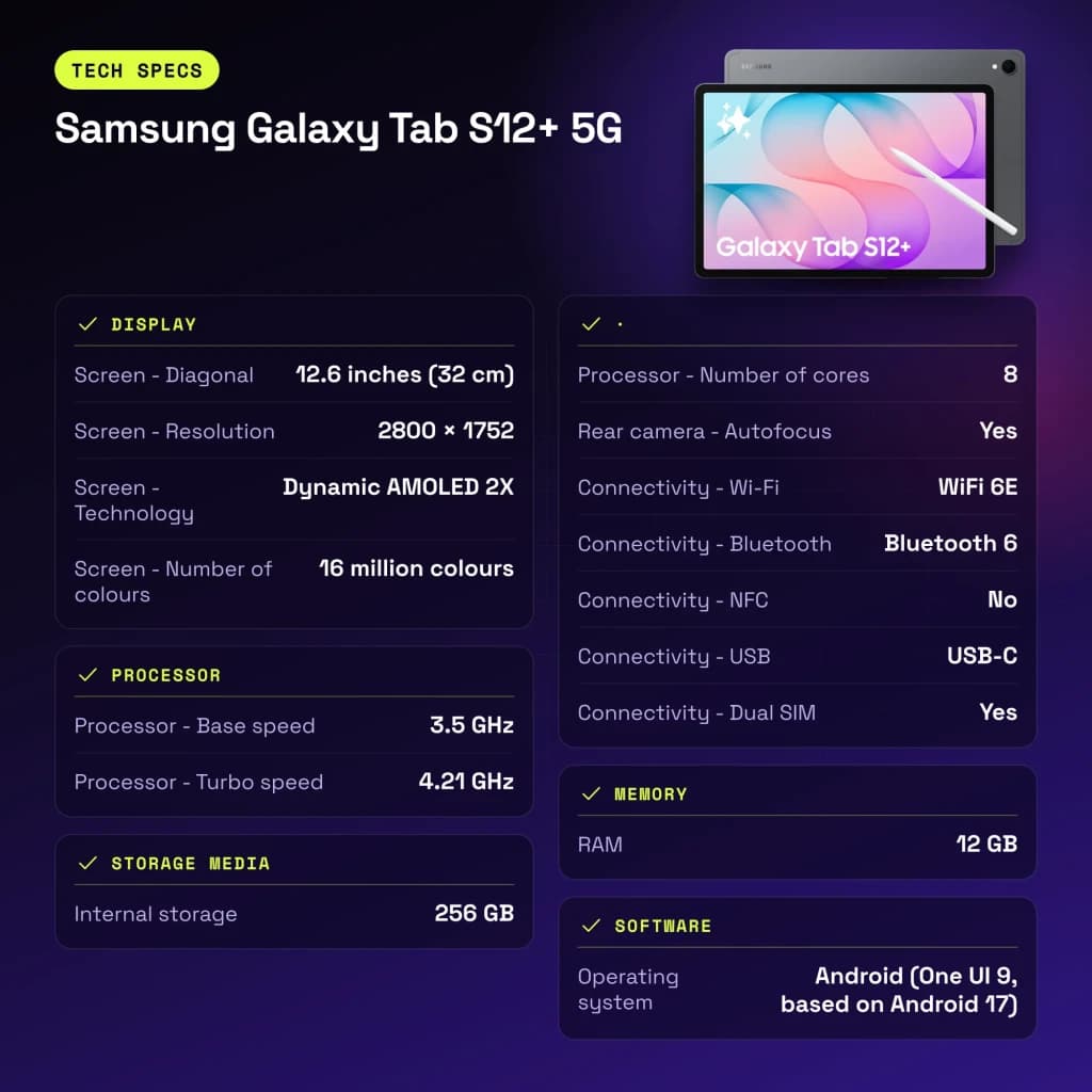 Samsung Galaxy Tab S12+ 5G 12GB/256GB Cinzento S Pen incluída 12,6 polegadas Dynamic AMOLED 2X 10600mAh - 10600 mAh