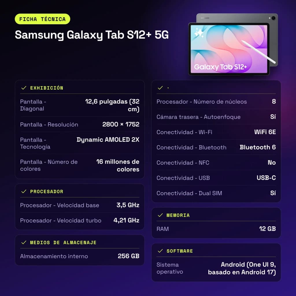 Samsung Galaxy Tab S12+ 5G 12GB/256GB Cinzento S Pen incluída 12,6 polegadas Dynamic AMOLED 2X 10600mAh - USB-C