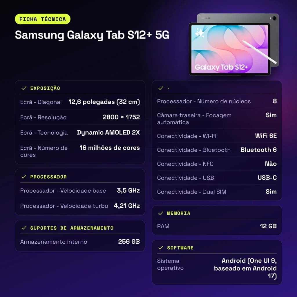 Samsung Galaxy Tab S12+ 5G 12GB/256GB Cinzento S Pen incluída 12,6 polegadas Dynamic AMOLED 2X 10600mAh - 289,5 mm