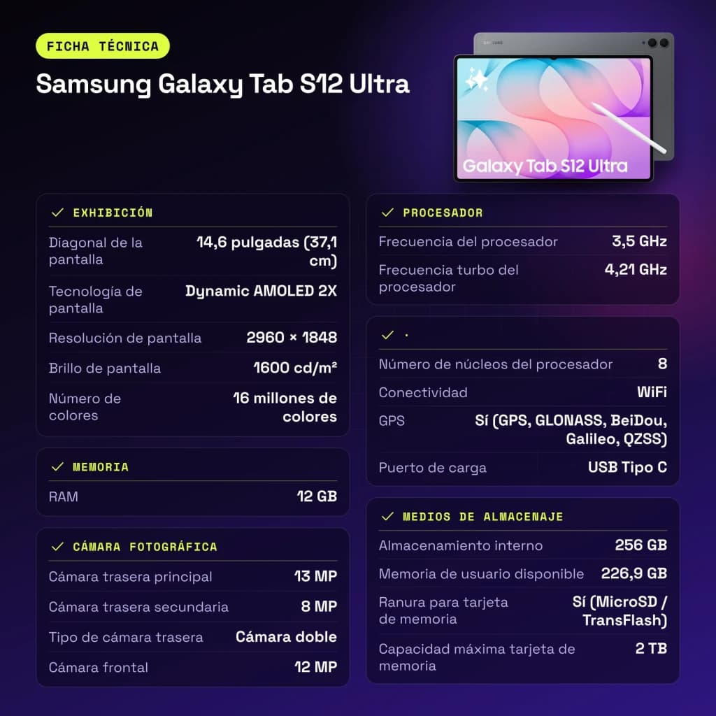 Samsung Galaxy Tab S12 Ultra 12GB/256GB Cinzento S Pen 14,6 polegadas Dynamic AMOLED 2X 11600mAh - características, 2 TB