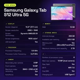 Samsung Galaxy Tab S12 Ultra 5G 12GB/256GB Cinzento S Pen incluído Dynamic AMOLED 2X 120Hz - características, 2 TB