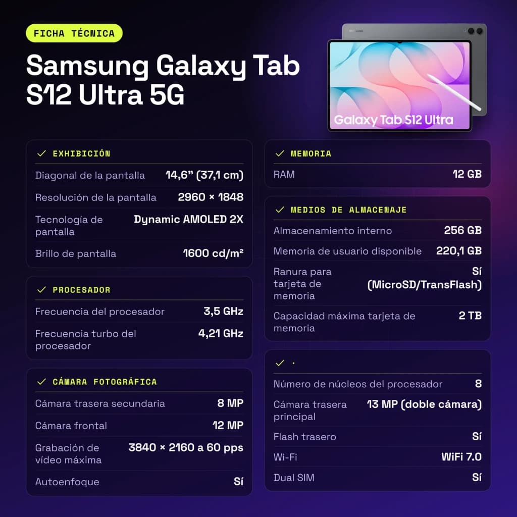 Samsung Galaxy Tab S12 Ultra 5G 12GB/256GB Cinzento S Pen incluído Dynamic AMOLED 2X 120Hz - características, 220,1 GB
