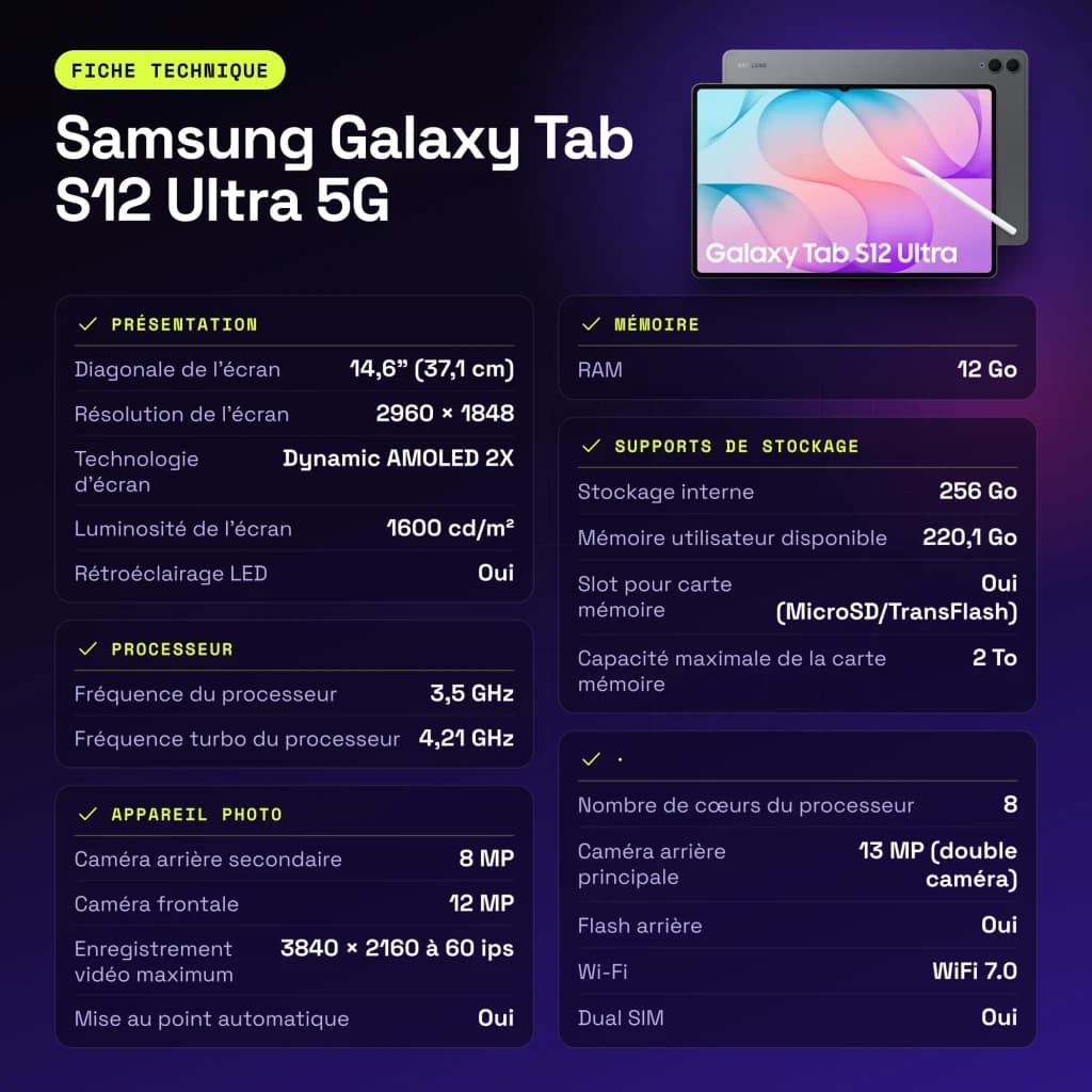 Samsung Galaxy Tab S12 Ultra 5G 12GB/256GB Cinzento S Pen incluído Dynamic AMOLED 2X 120Hz - características, 3,5 GHz
