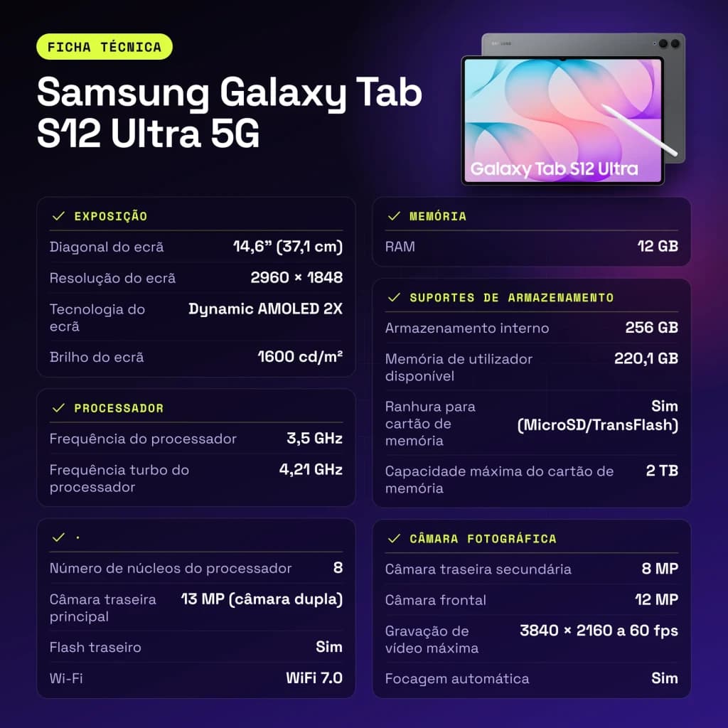 Samsung Galaxy Tab S12 Ultra 5G 12GB/256GB Cinzento S Pen incluído Dynamic AMOLED 2X 120Hz - características, 4,21 GHz