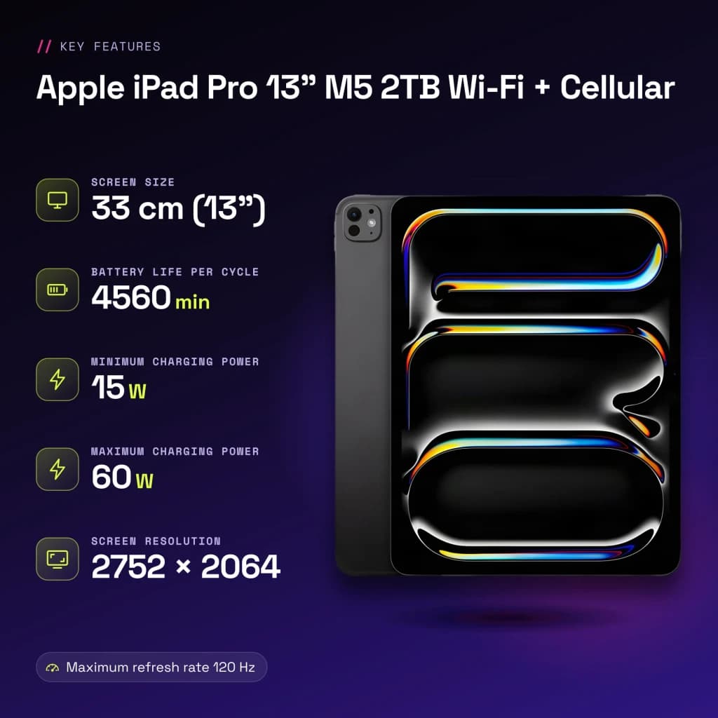 Apple iPad Pro 13 pouces M5 2To Wi-Fi + Cellular Noir OLED 120Hz 5G - caractéristiques, 16 GB