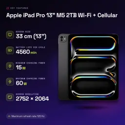 Apple iPad Pro 13 pouces M5 2To Wi-Fi + Cellular Noir OLED 120Hz 5G - caractéristiques, 16 GB