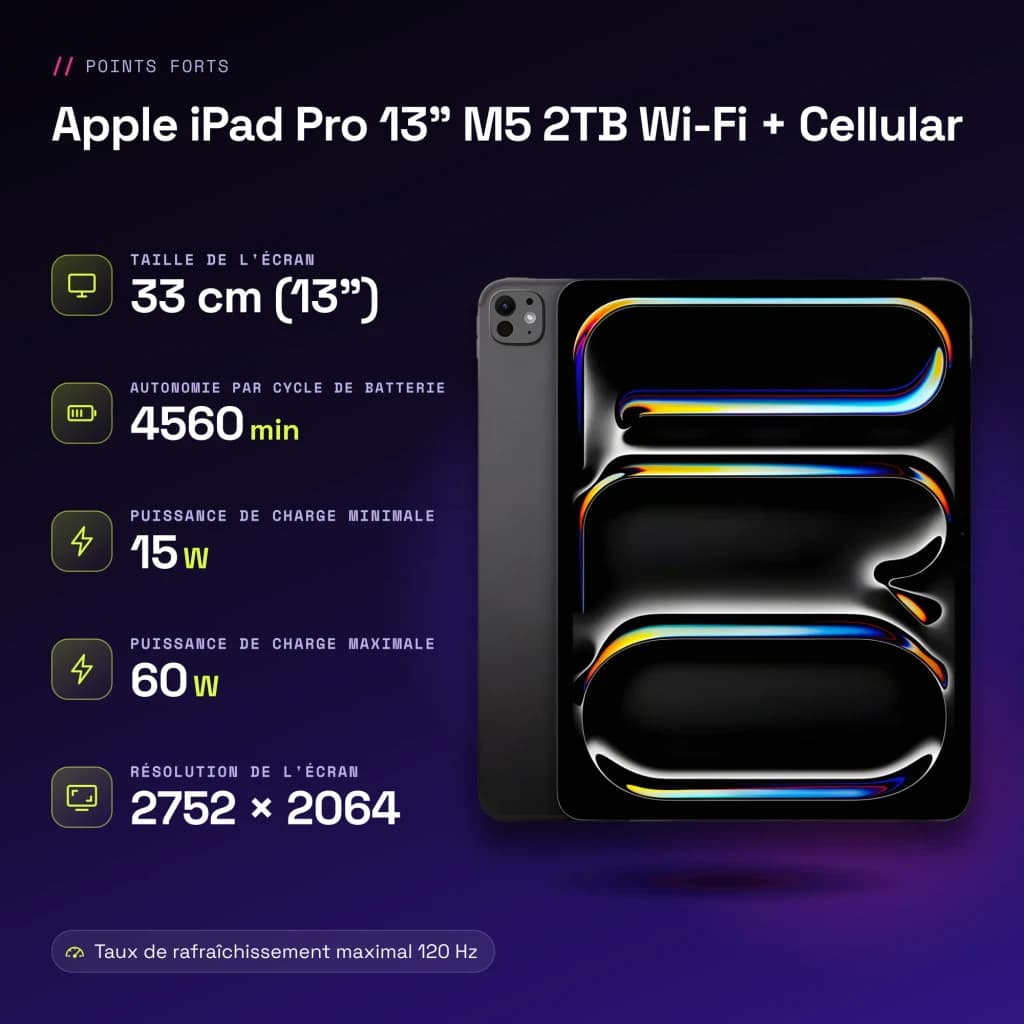 Apple iPad Pro 13 pouces M5 2To Wi-Fi + Cellular Noir OLED 120Hz 5G - caractéristiques, 2 TB