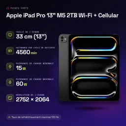 Apple iPad Pro 13 pouces M5 2To Wi-Fi + Cellular Noir OLED 120Hz 5G - caractéristiques, 2 TB