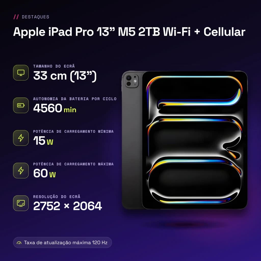 Apple iPad Pro 13 pouces M5 2To Wi-Fi + Cellular Noir OLED 120Hz 5G - caractéristiques, 33 cm (13")