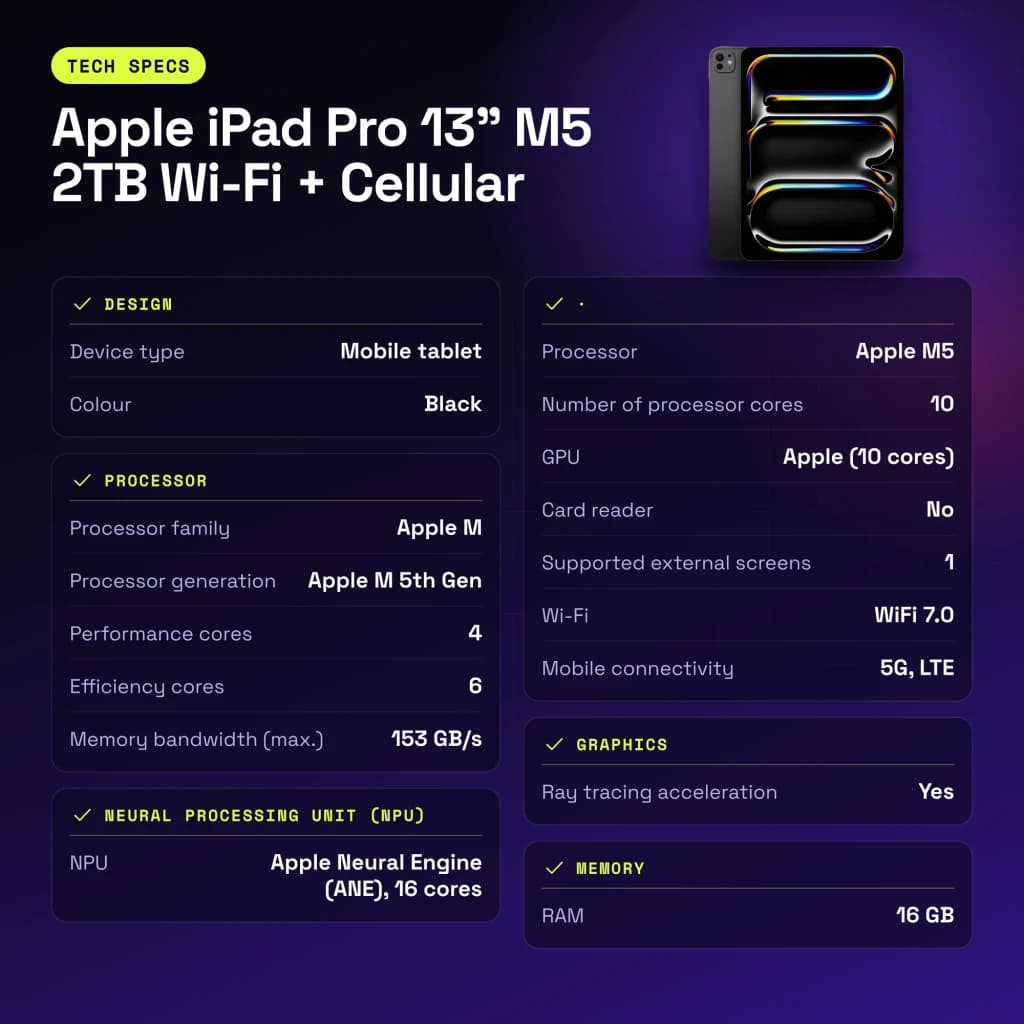 Apple iPad Pro 13 pouces M5 2To Wi-Fi + Cellular Noir OLED 120Hz 5G - caractéristiques, 120 Hz