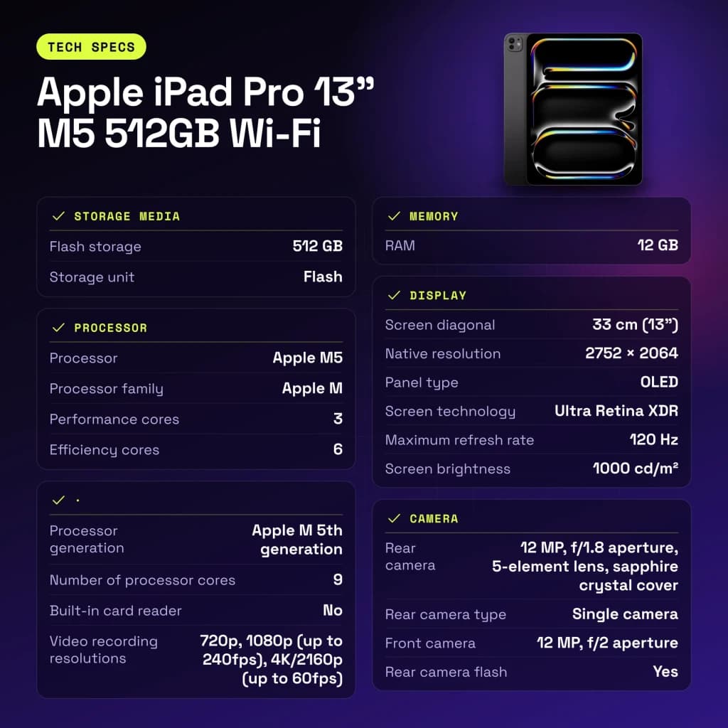 Apple iPad Pro 13 pouces M5 512Go Wi-Fi Noir OLED 120Hz USB-C - caractéristiques, WiFi 7.0