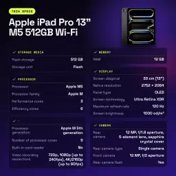 Apple iPad Pro 13 pouces M5 512Go Wi-Fi Noir OLED 120Hz USB-C - caractéristiques, WiFi 7.0