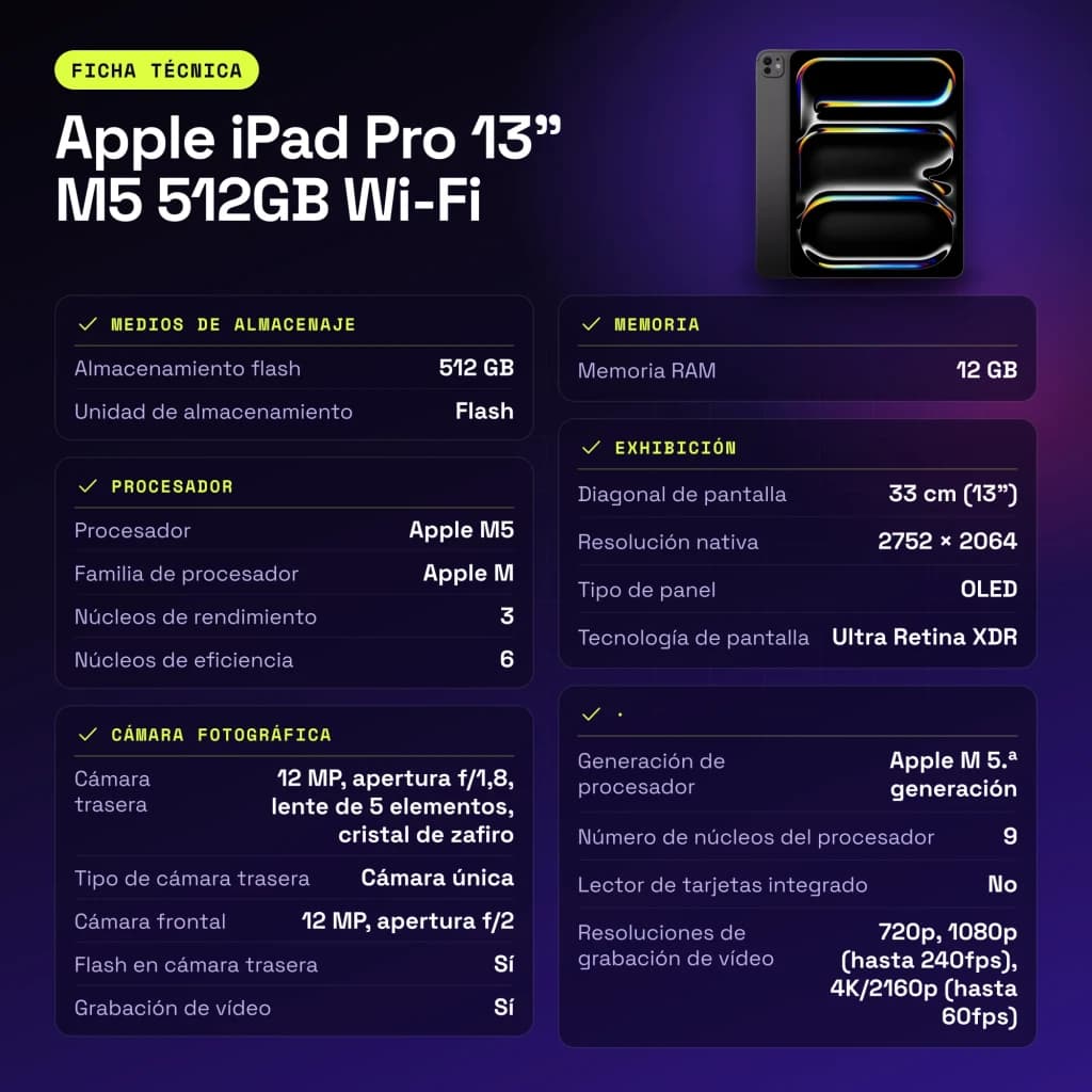 Apple iPad Pro 13 pouces M5 512Go Wi-Fi Noir OLED 120Hz USB-C - caractéristiques, 153 GB/s