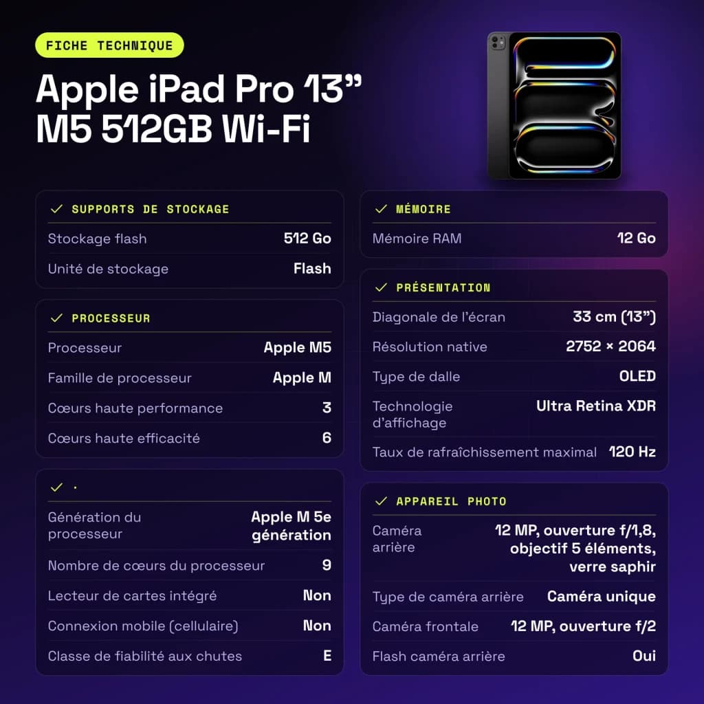 Apple iPad Pro 13 pouces M5 512Go Wi-Fi Noir OLED 120Hz USB-C - caractéristiques, IP42
