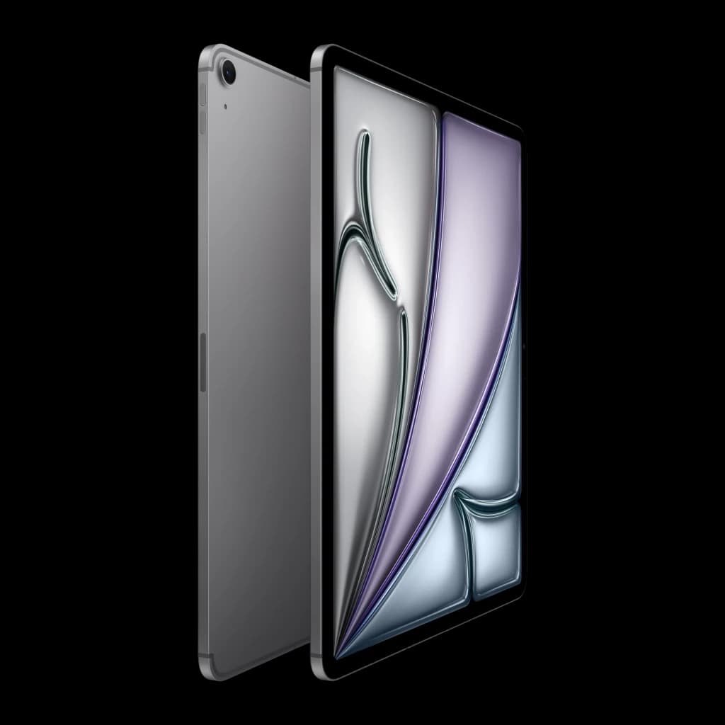Apple iPad Air M4 13 pouces 128 Go Gris Sidéral 5G - écran allumé avec fond d'écran et caméra arrière