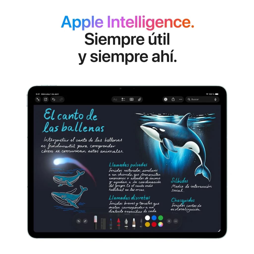Apple iPad Air M4 13 pouces 128 Go Gris Sidéral 5G - app de notes avec illustration d'orques et Apple Intelligence