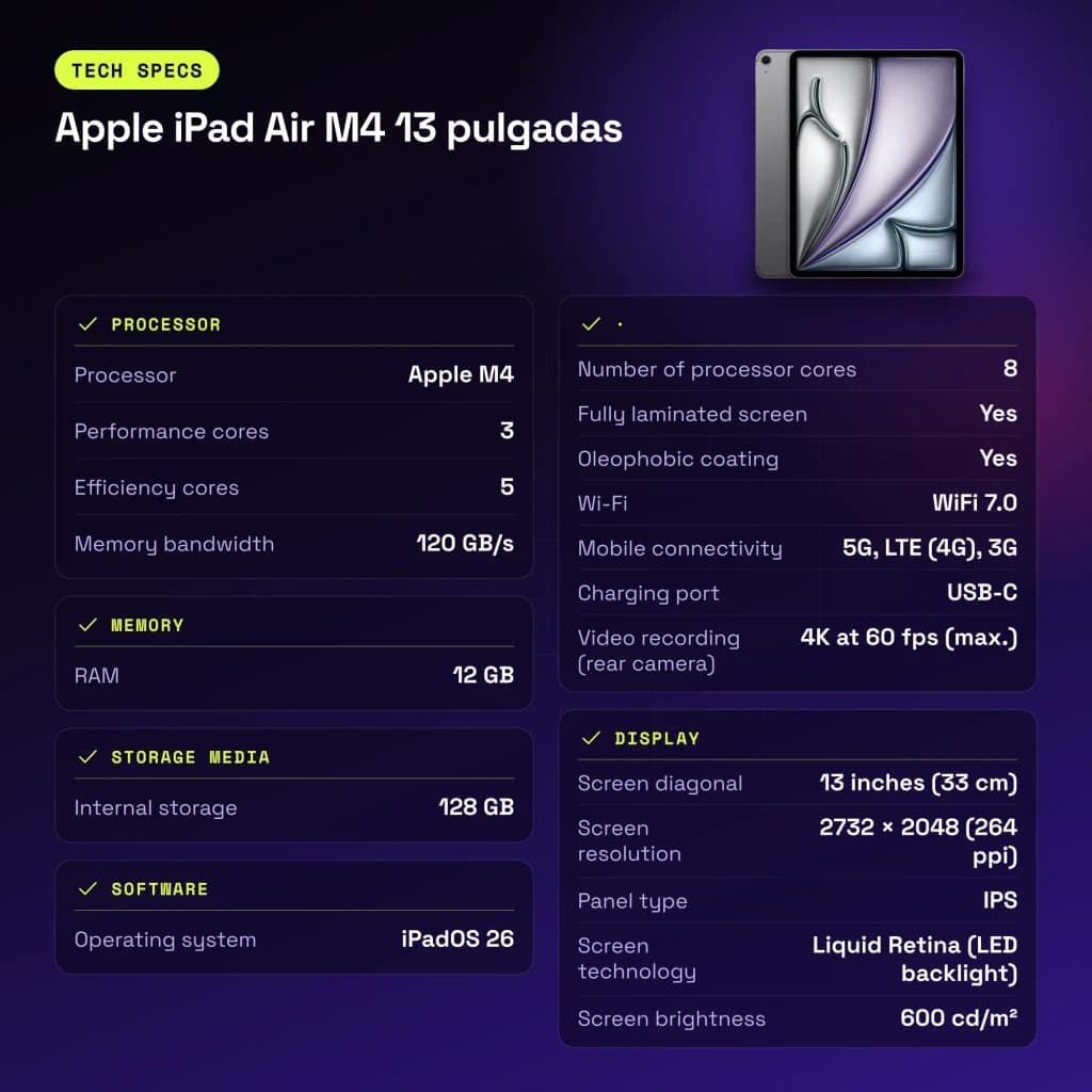 Apple iPad Air M4 13 pouces 128 Go Gris Sidéral 5G - caractéristiques, 4K a 60 fps (máx.)