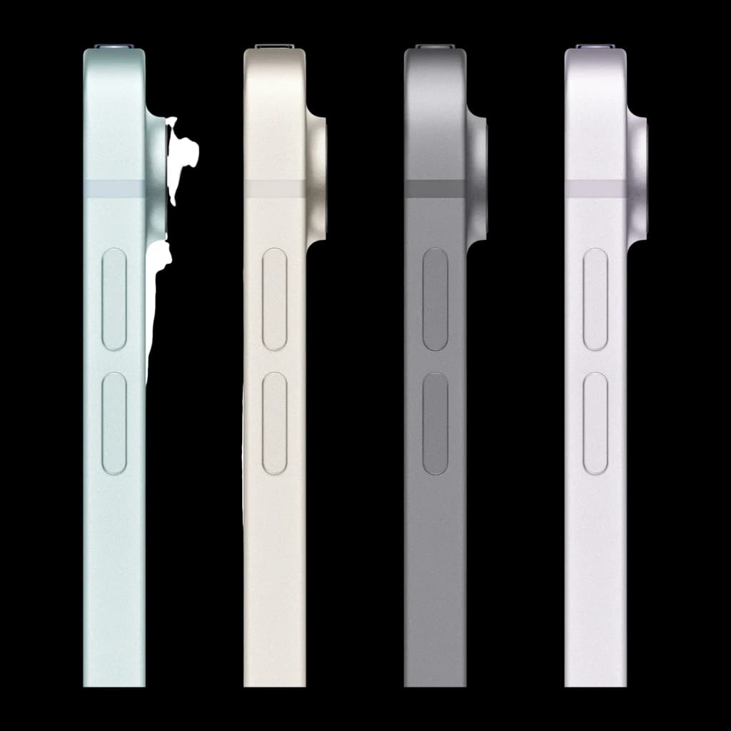 Apple iPad Air M4 13 pouces 128 Go Gris Sidéral 5G - quatre coloris de profil avec boutons et caméra arrière