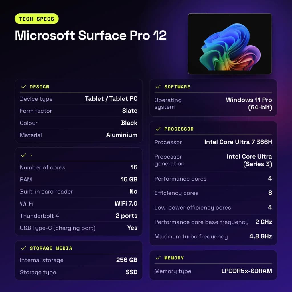 Microsoft Surface Pro 12 16GB/256GB Negro 13 pulgadas OLED 120Hz Intel Core Ultra 7 366H WiFi 7 - características, 120 Hz