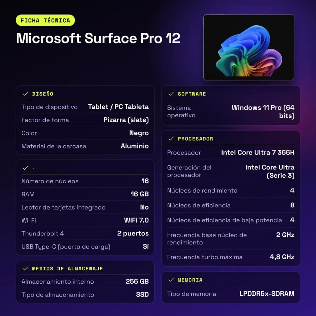 Microsoft Surface Pro 12 16GB/256GB Negro 13 pulgadas OLED 120Hz Intel Core Ultra 7 366H WiFi 7 - 33 cm (13")